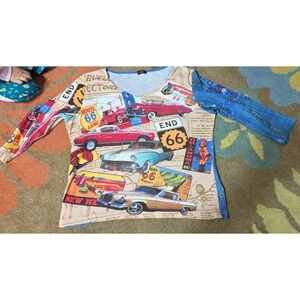 Vintage Jasmine Tea Women Top‎ LARGE Route 66 90s Y2K USA Rhinestones 3/4 Sleeve